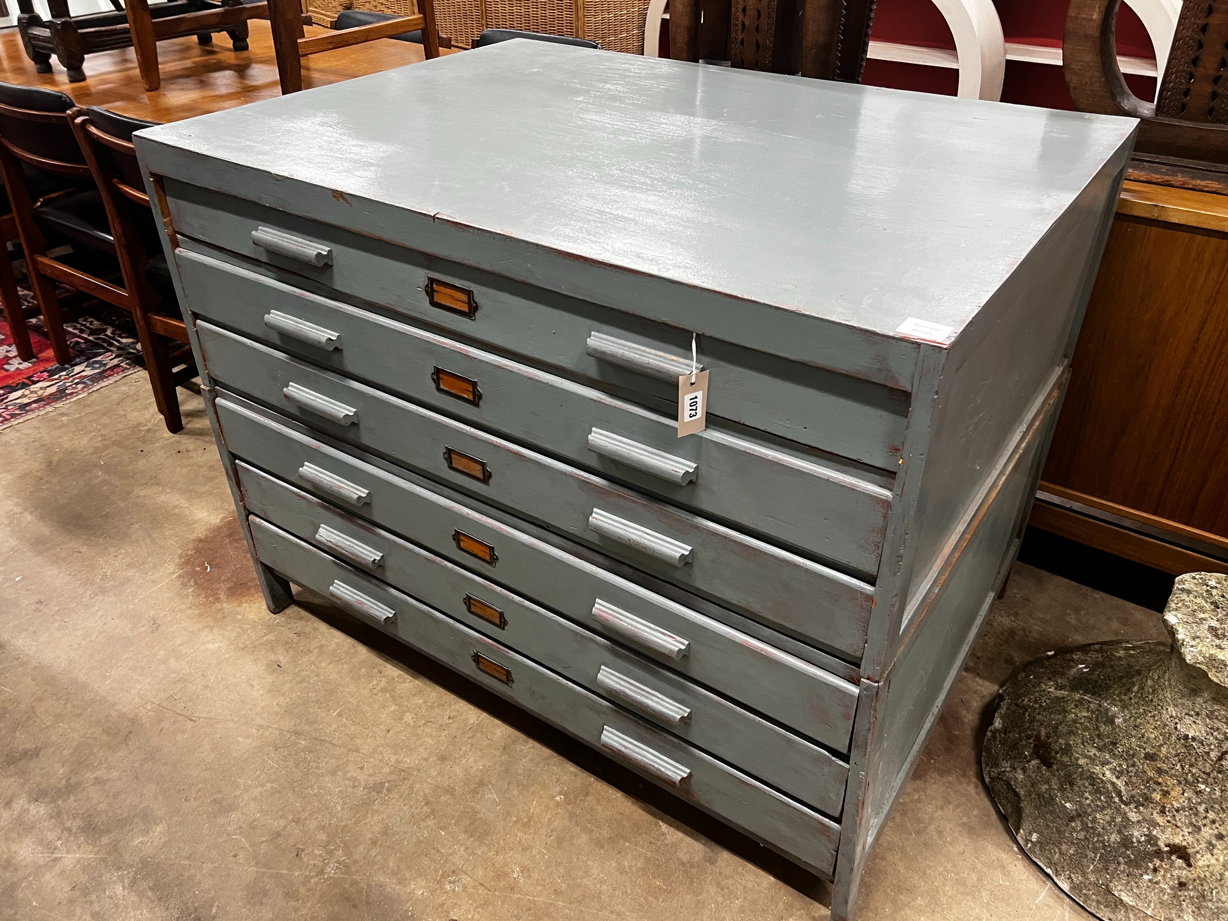 A mid century painted six drawer plan chest, width 117cm, depth 86cm, height 89cm